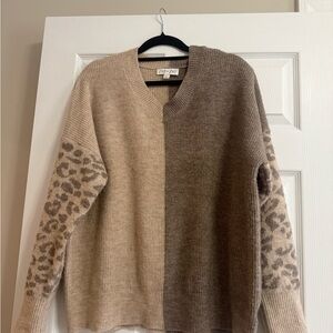 She + Sky Two-Tone V-Neck Sweater in Beige and Mocha with Leopard Sleeves
